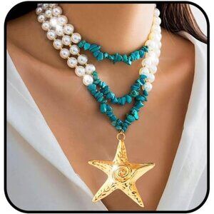 Layered Heart & Starfish Necklace | Dainty Pendant Jewelry | Trendy Gift